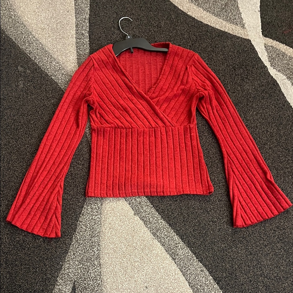Burgundy Ribbed Wrap Top Bell Sleeves Size M